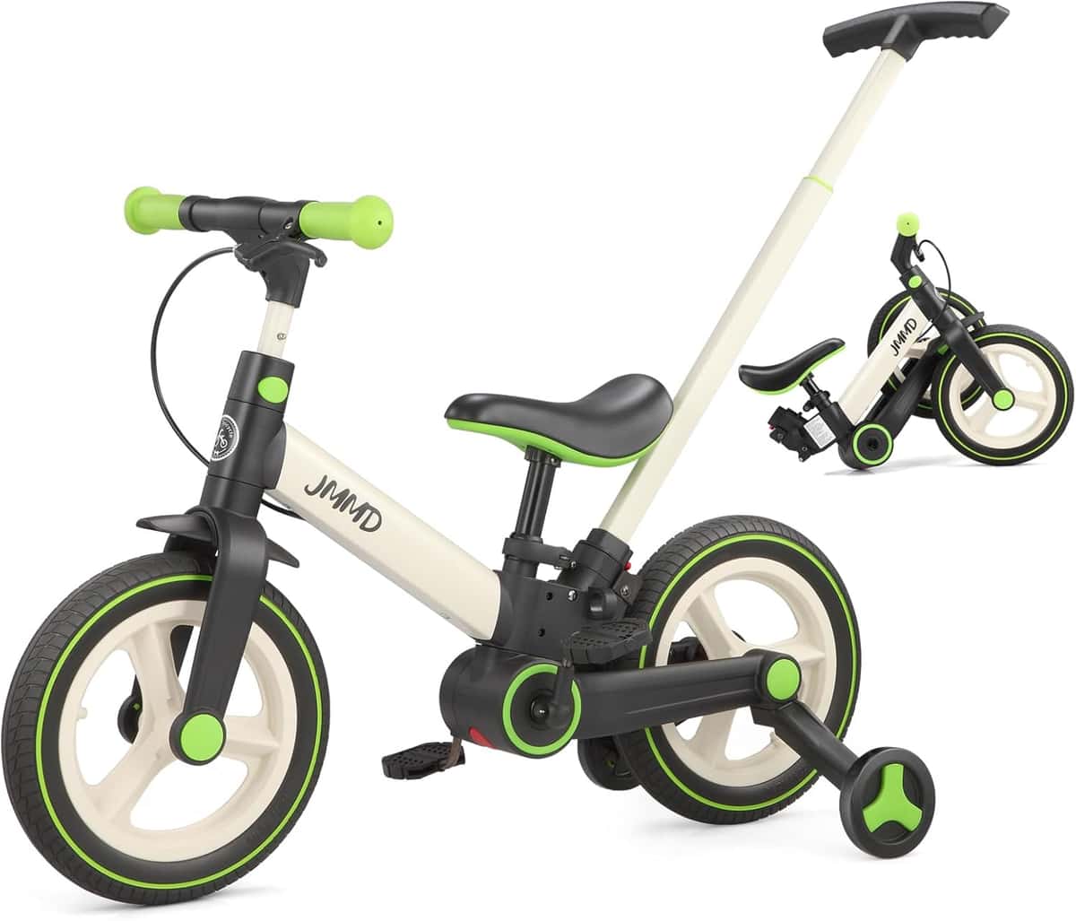 JMMD 6-in-1 Kinderfahrrad mit Stützrädern und Pedalen, Alter 18 Monate-5 Jahre, 12 Zoll Konvertierbares und Faltbares Laufrad & Fahrrad mit Verstellbarem Elternschiebegriff, Ständer, Bremsen