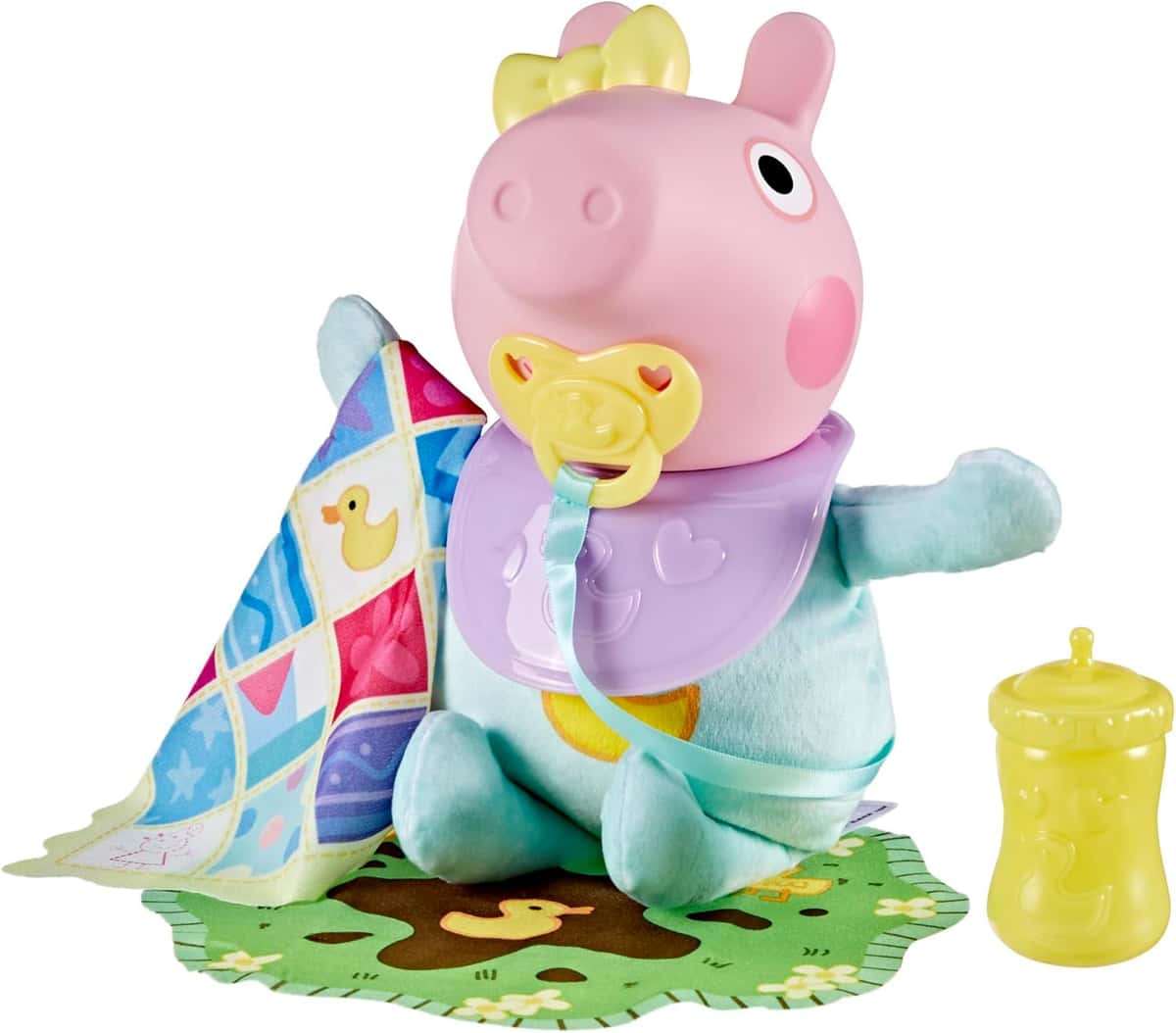 Peppa Pig Grunz und Kuschel Evie interaktive Babypuppe mit 20 Geräuschen und vielen Funktionen, Spielzeug-Set für Kinder ab 3 Jahren