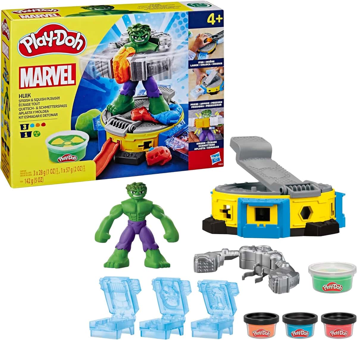 Play-Doh Marvel Hulk Quetsch- & Schmetterspaß, Action-Figur und 3 x 28 g Dosen und 1 x 56 g Dosen, Knetpresse und Formen