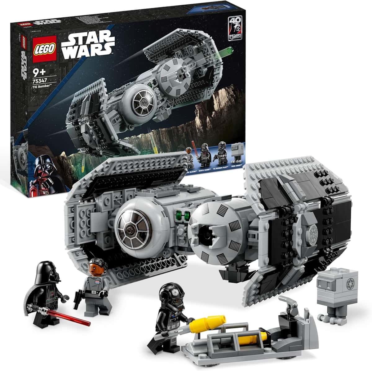 LEGO Star Wars TIE Bombe Spielzeug mit Darth Vader Minifigur mit Lichtschwert und Gonk-Droide, Starfighter Modell