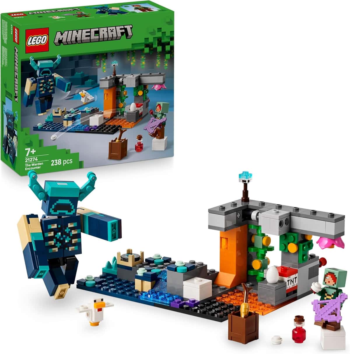 LEGO Minecraft Begegnung mit dem Wächter - Spielzeug mit stummen Ranger Minifigur und beweglicher Mob Figur - Mit TNT Funktion für Felssturz