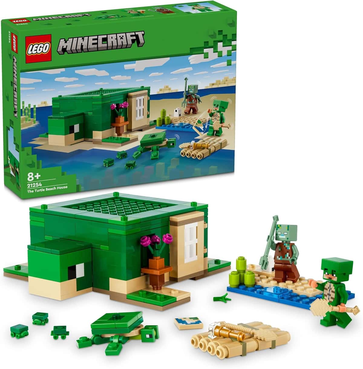 LEGO Minecraft Das Schildkrötenstrandhaus - Spielzeug mit Tierfiguren & Schildkröten Figur -Spielset mit Zubehör - Werkbank, Bambusfloß -