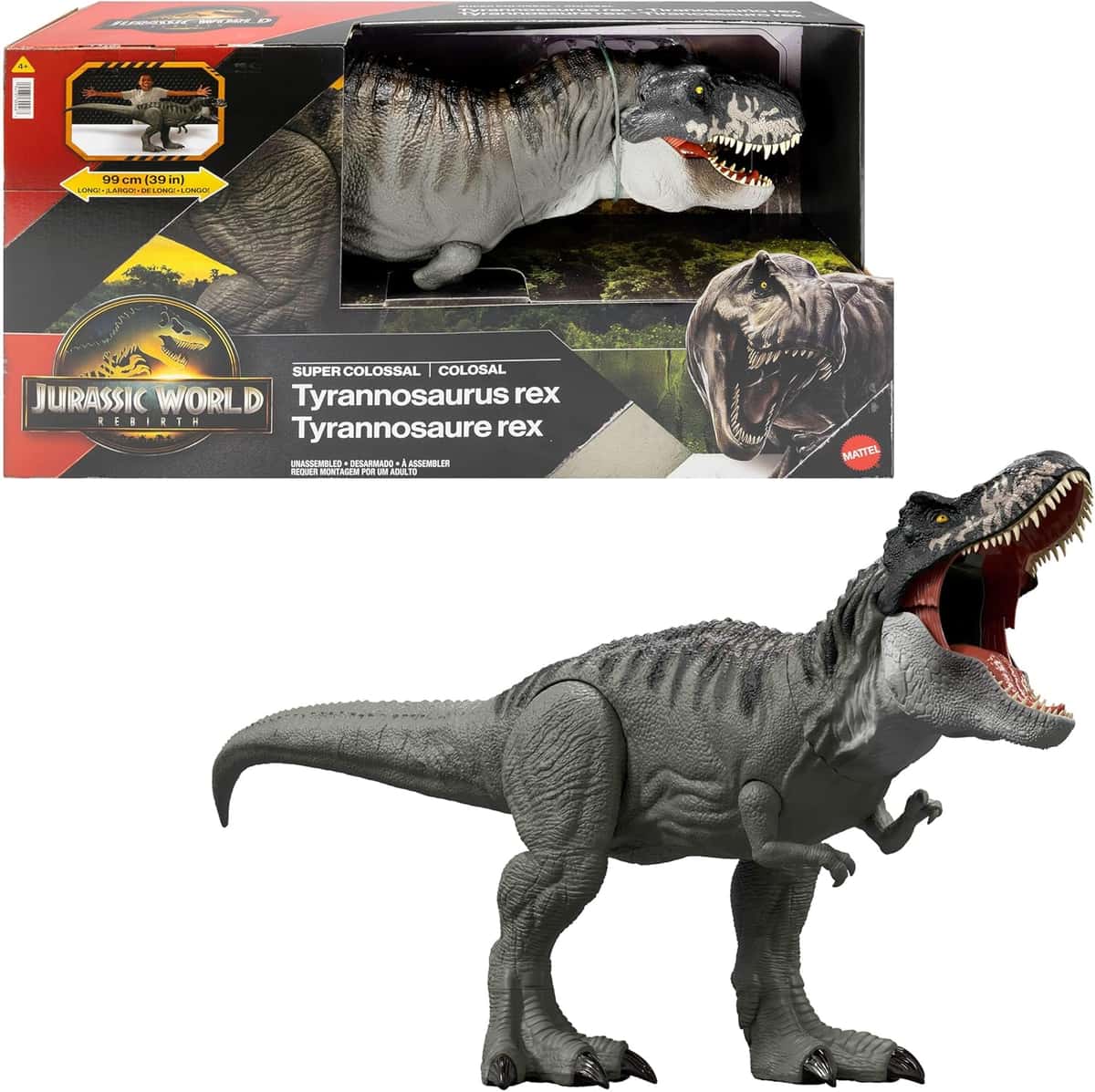 MattelJurassic World: Die Wiedergeburt Riesendino Tyrannosaurus Rex-Actionfigur, T-Rex-Dinosaurierspielzeug mit 2 Angriffsbewegungen, filmgetreues und bewegliches Design