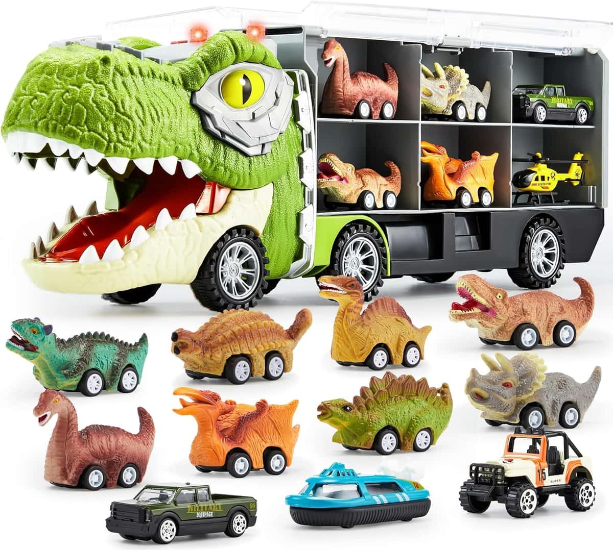 JOYIN Autotransporter Mit 12 Zurückziehbaren Dino-Fahrzeugen, Transportwagen Mit Musik, Sound, Lichtern Und Hubschrauber
