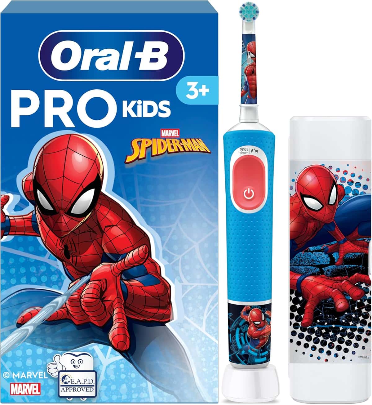 Oral-B Pro Kids Spiderman Elektrische Zahnbürste für Kinder ab 3 Jahren — Inkl. 1 Aufsteckbürste & Zahnbürsten-Sticker, Reise-Etui, Blau/Rot