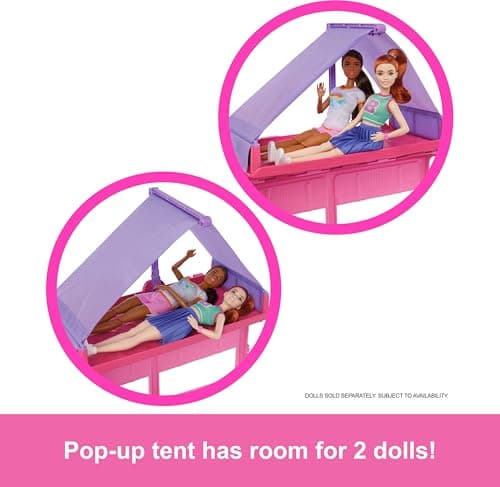 Barbie Super Abenteuer-Camper Spielset mit Dachzelt, Hängesessel, Fischteich, Grill mit Farbwechseleffekt und über 60 Zubehörteilen inklusive Knete – Bild 3