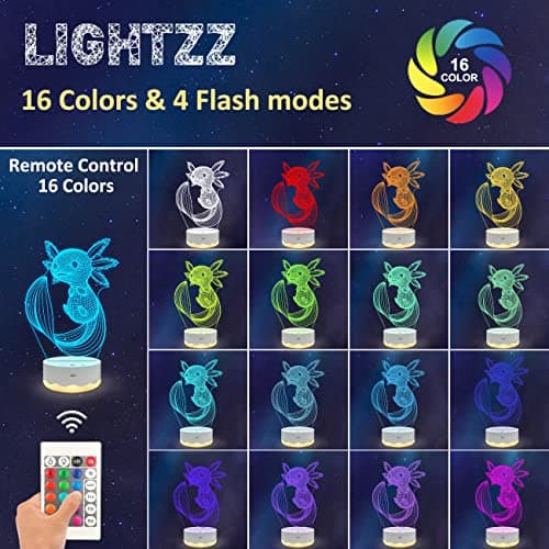 Lightzz Axolotl Nachtlicht, 3D -Illusionslampe mit Fernbedienung + Touch 16 Farbblitzwechsel + Timer Schreibtischlampen Kinder Zimmer Dekor Beste Festivalgeburtstagsgeschenke – Bild 3