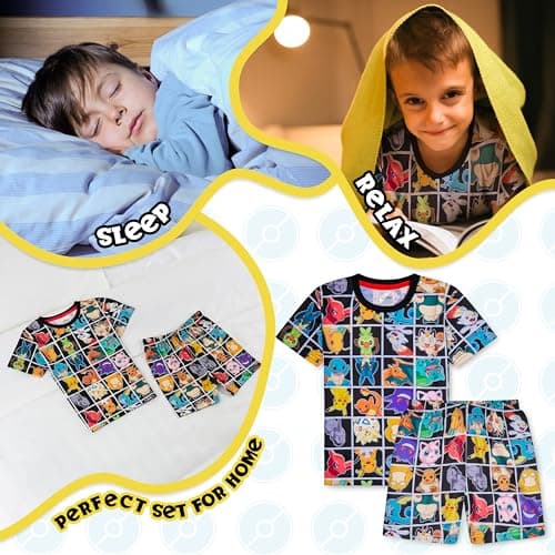 Pokemon Schlafanzug Jungen, Sommer Pyjama Set mit T-Shirt und Schlafhose Shorts – Bild 6