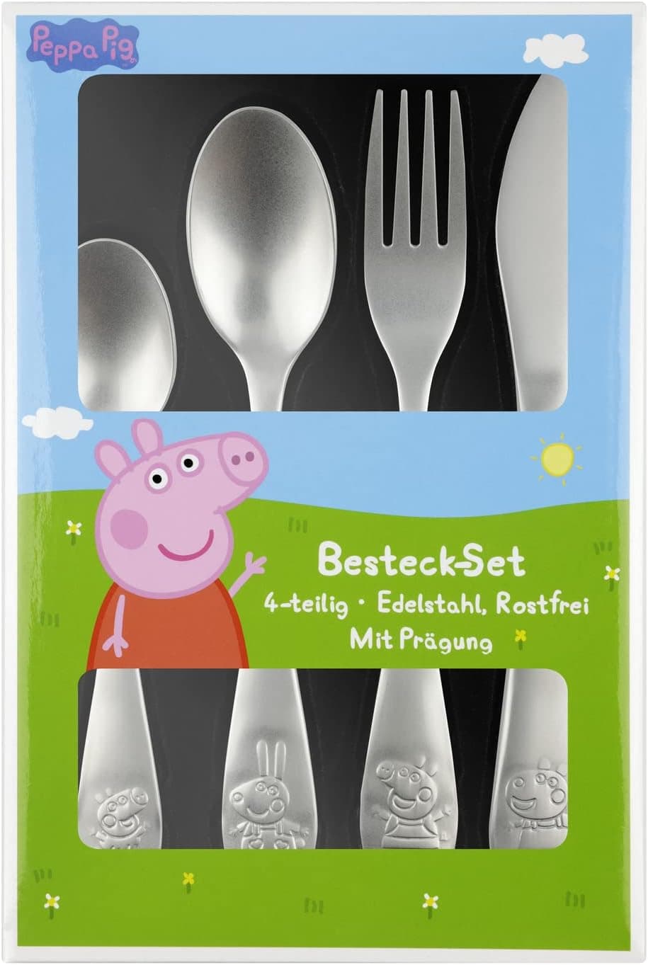 Peppa Wutz Kinderbesteck Set 4-teilig - Edelstahl rostfrei mit Messer, Gabel, Suppenlöffel und Dessertlöffel - geprägtes Peppa Motiv, silber  – Bild 1
