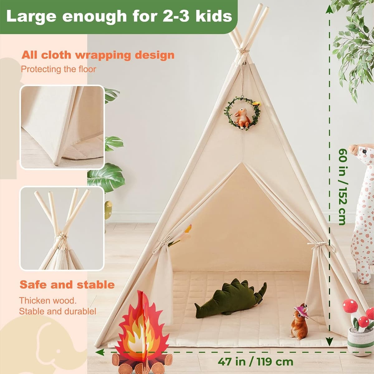 Tiny Land Tipi Zelt für Kinder mit Lichtern & Lagerfeuer Spielzeug & Tragetasche, Waschbar Kinderzelt für Drinnen – Bild 4