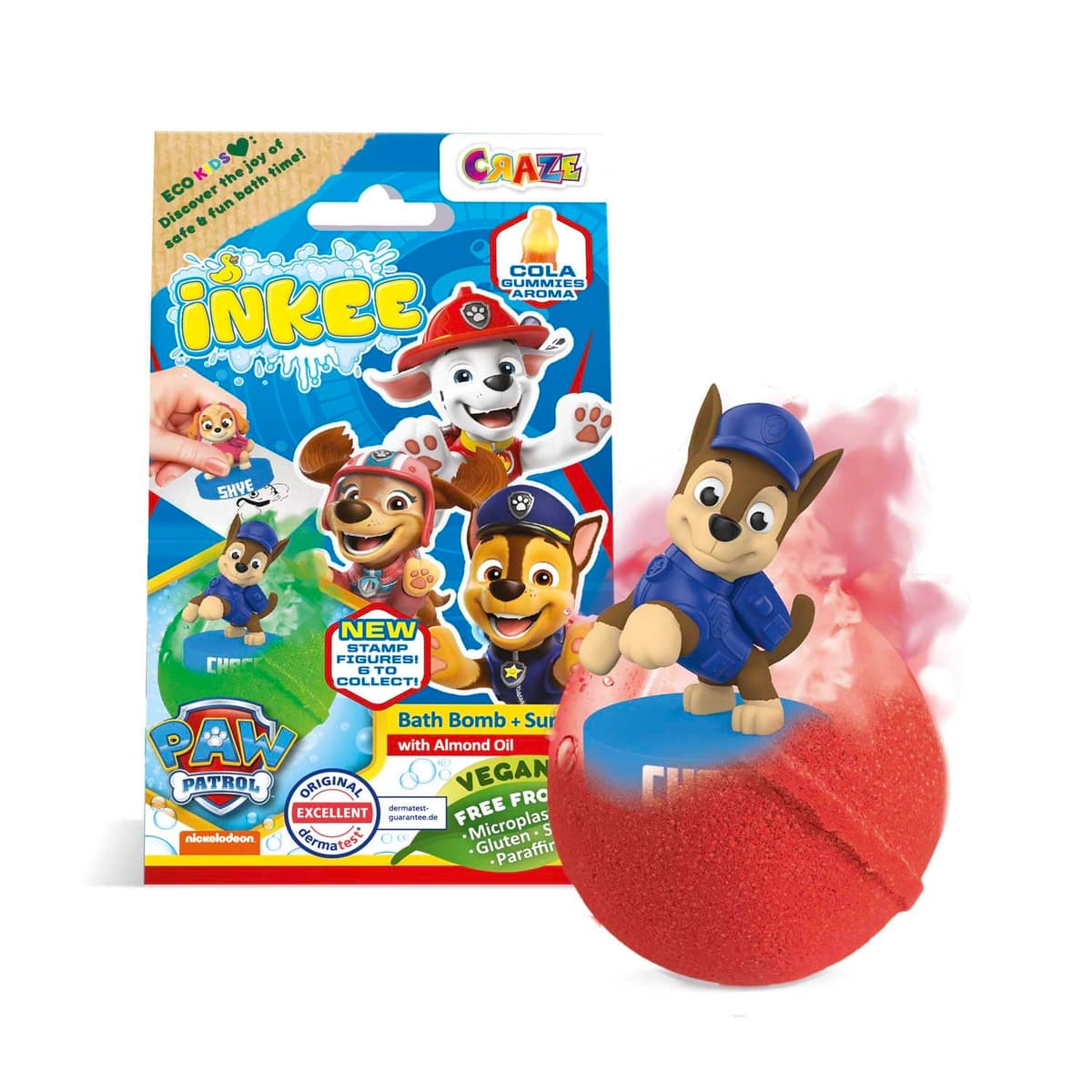 INKEE SURPRISE PAW PATROL, Badebombe Kinder mit Überraschung, Badekugel 80g mit Paw Patrol Stempel, Cola-Gummi Duft, Schaum-Effekt – Bild 1