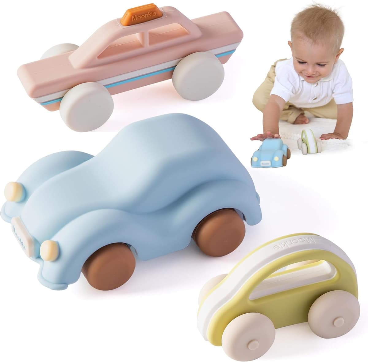 Moonkie Roll & Go Auto Spielzeug Set, 3er Pack, Silikon Spielzeugautos, Beißring Baby, Kinderspielzeug – Bild 1