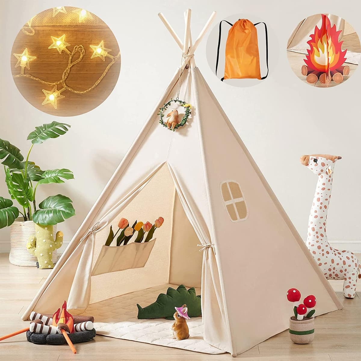 Tiny Land Tipi Zelt für Kinder mit Lichtern & Lagerfeuer Spielzeug & Tragetasche, Waschbar Kinderzelt für Drinnen – Bild 1