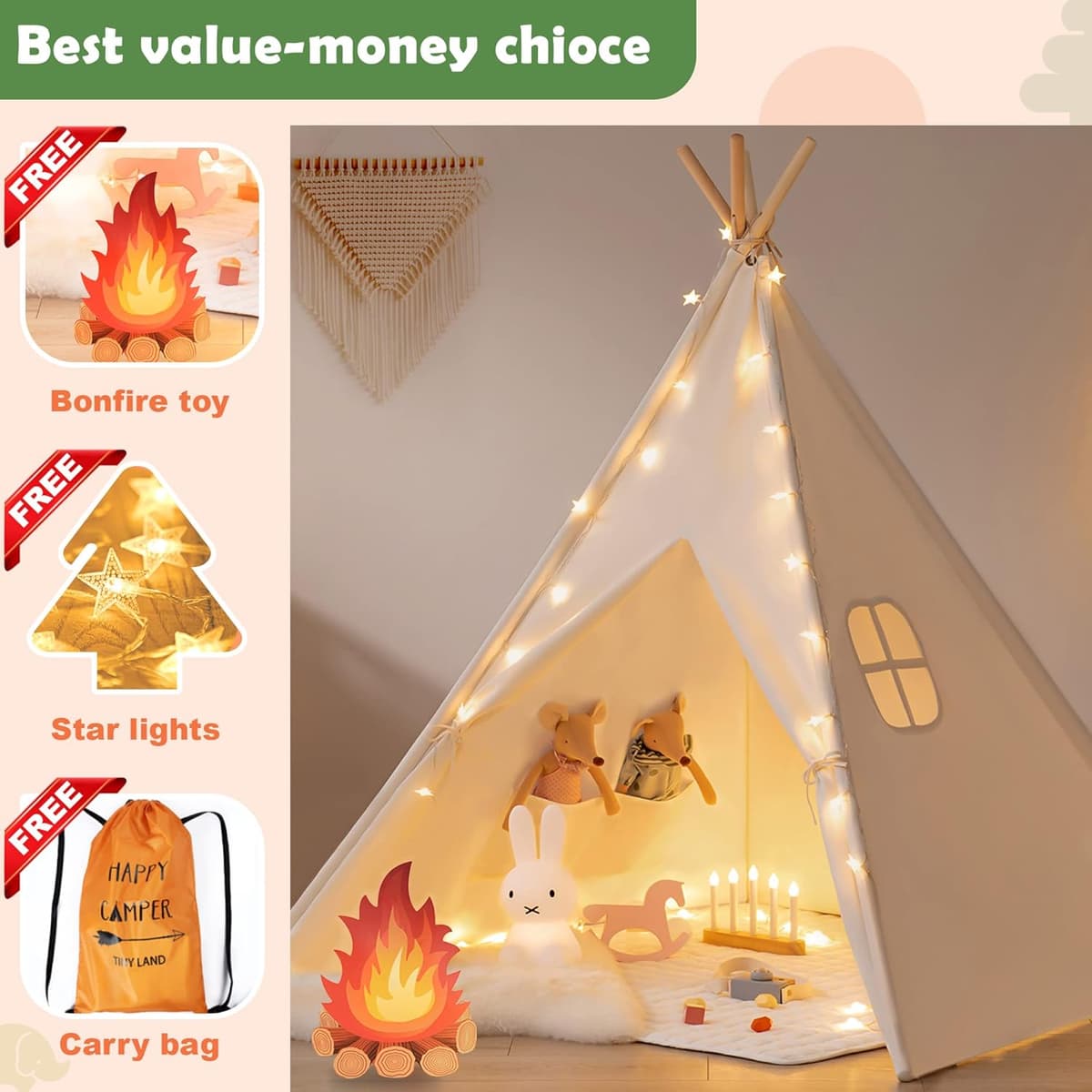 Tiny Land Tipi Zelt für Kinder mit Lichtern & Lagerfeuer Spielzeug & Tragetasche, Waschbar Kinderzelt für Drinnen – Bild 2