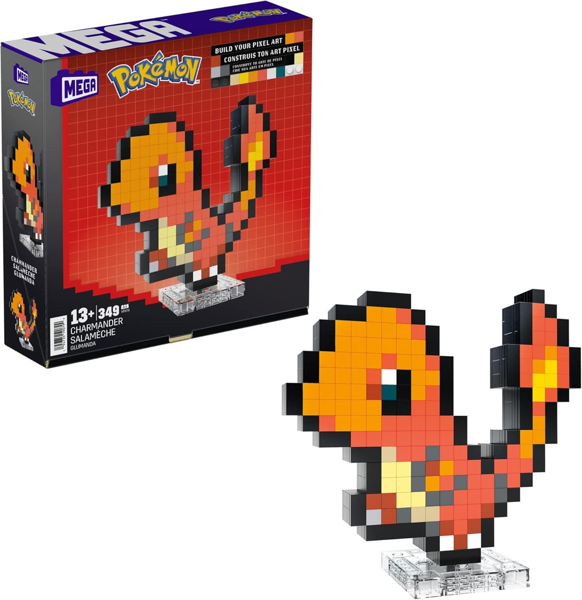 MEGA Pokémon Glumanda - zusammenbaubare Figur im Retro-Look, Pixel Art, inklusive Basis zur Wandmontage – Bild 1