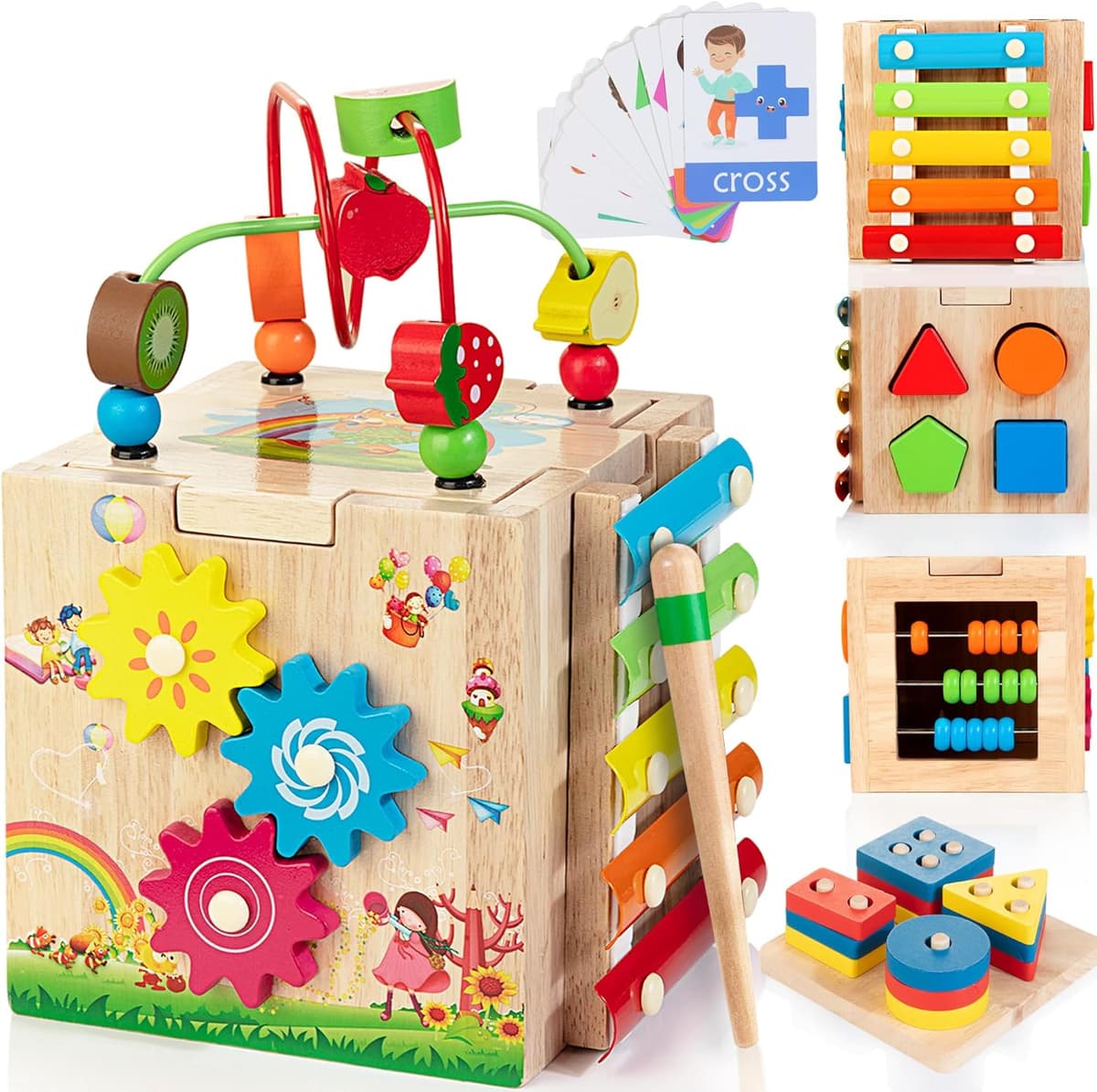Bravmate Aktivitätswürfel aus Holz, 8-in-1 Montessori Lernspielzeug aus Holz für 18 Monate + Kleinkinder – Bild 1