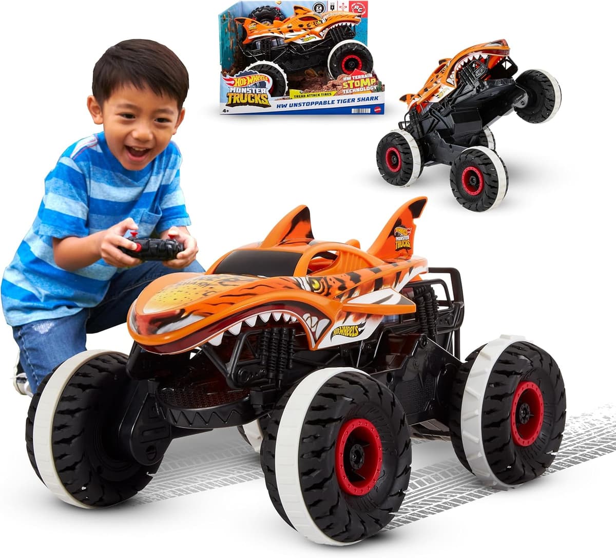 Hot Wheels Monster Trucks Ferngesteuertes Auto Tiger Shark, mit 'Terrain Stomp' Technologie für tierähnliche Bewegungen – Bild 1