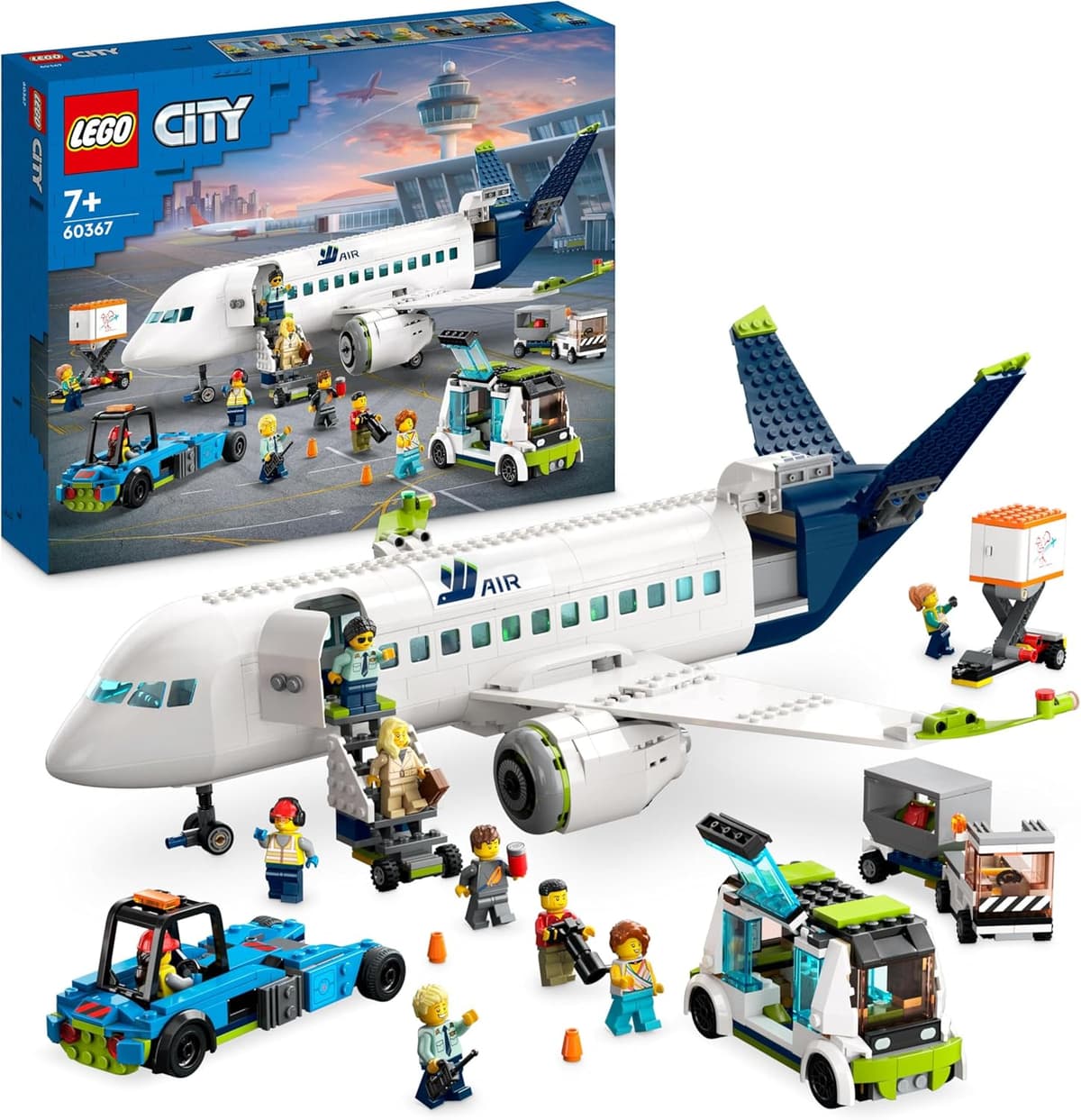 LEGO 60367 City Passagierflugzeug Spielzeug-Set, großes Flugzeug-Modell mit Fahrzeugen des Flughafen-Bodenpersonals – Bild 1