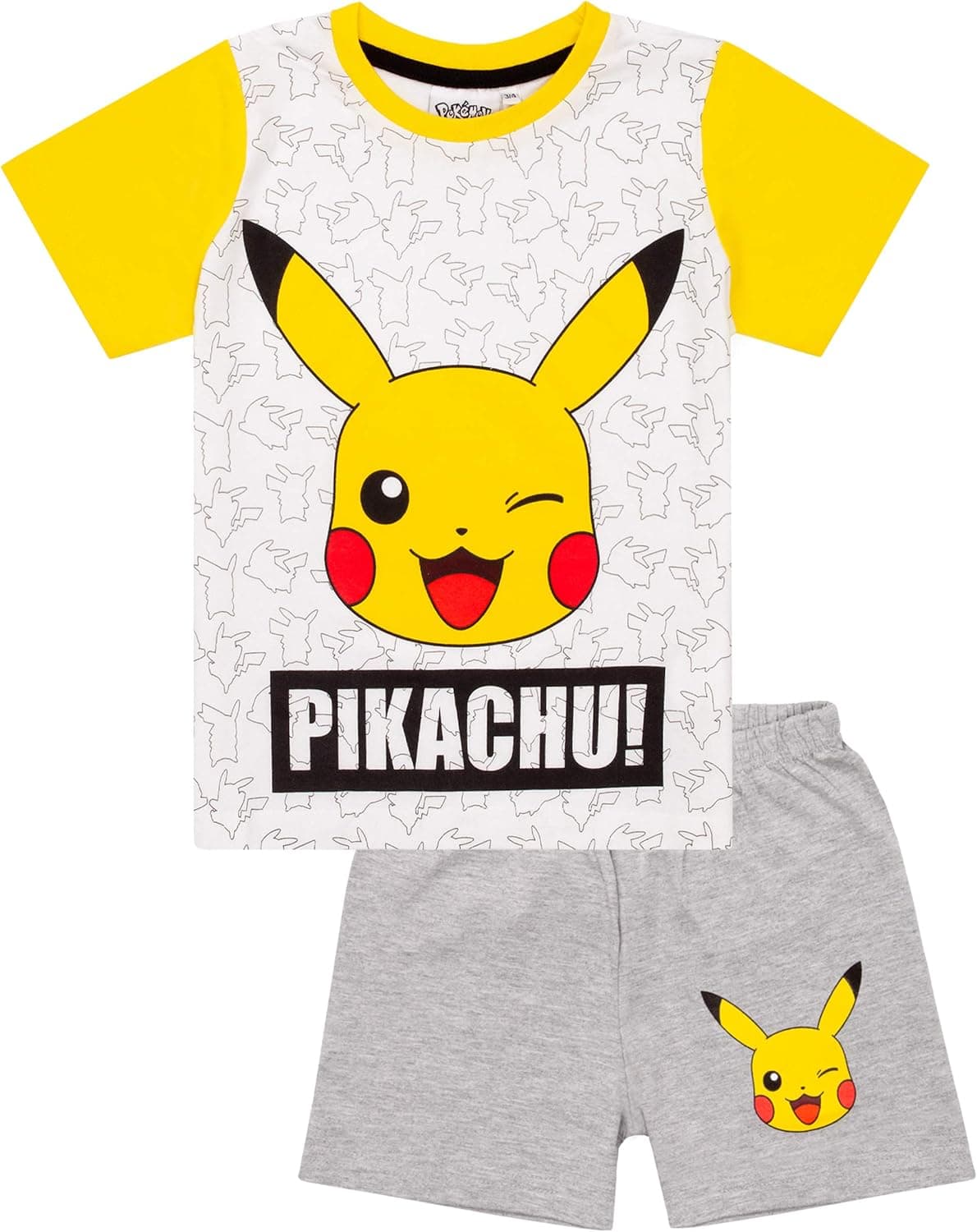 Pokemon Pikachu Gesicht Grau Gelb Jungen Kinder Short-Pyjamas Nachtwäsche Set – Bild 1