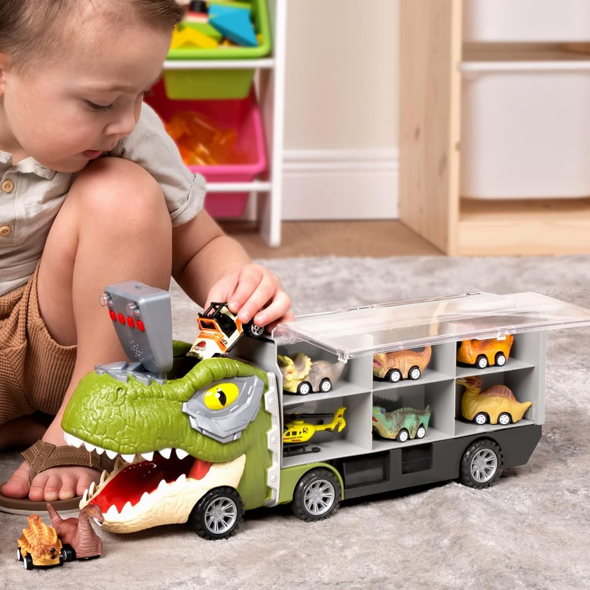 JOYIN Autotransporter Mit 12 Zurückziehbaren Dino-Fahrzeugen, Transportwagen Mit Musik, Sound, Lichtern Und Hubschrauber – Bild 2