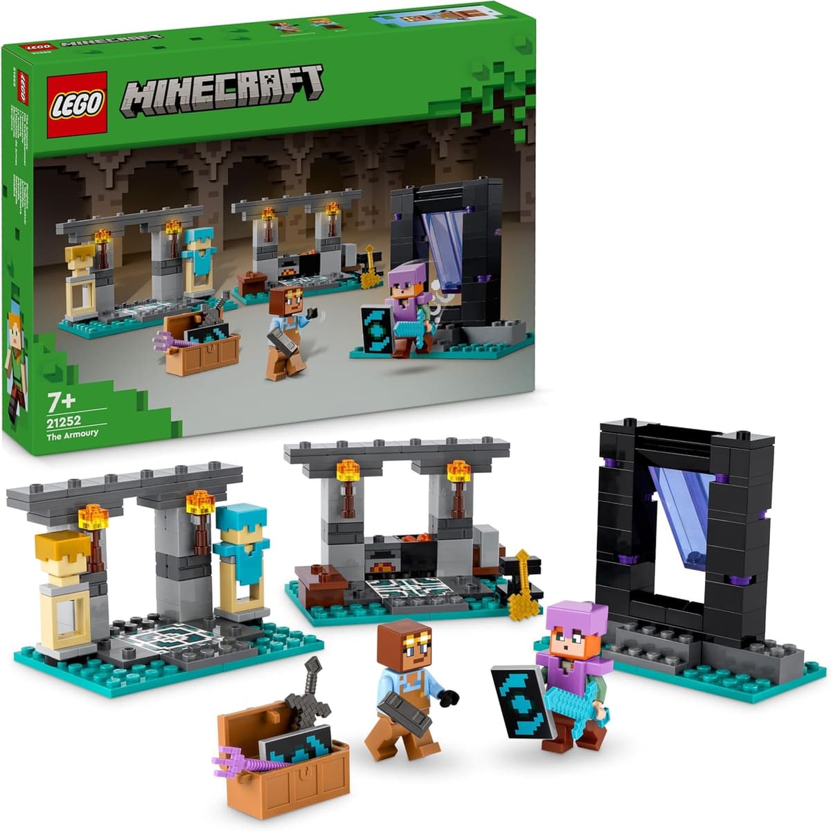 LEGO Minecraft Die Waffenkammer - Spielzeug mit Netherportal, inkl. Alex & Waffenschmied Figuren -Zubehör wie Goldaxt, Schwerter & Schild – Bild 1