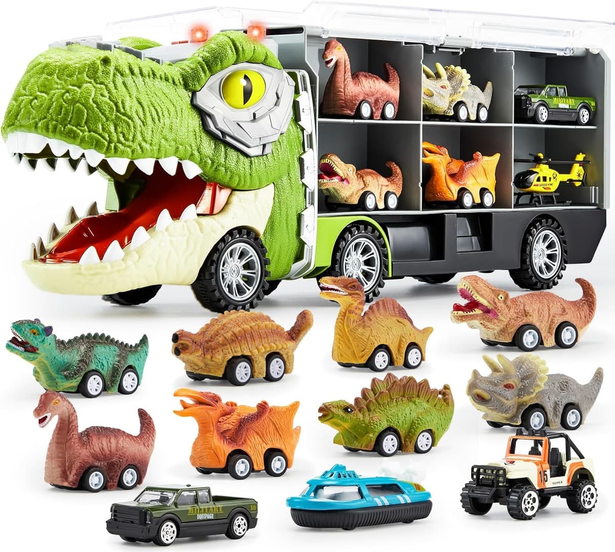 JOYIN Autotransporter Mit 12 Zurückziehbaren Dino-Fahrzeugen, Transportwagen Mit Musik, Sound, Lichtern Und Hubschrauber – Bild 1