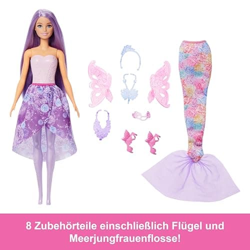 Barbie 3-in-1 Fantasie Puppe, Spielset mit 8 Accessoires inklusive Meerjungfrauen-Schwanzflosse, Feenflügen, königlichen Ketten, Schuhen un vielem mehr für über 10 Verschiedene Looks – Bild 5