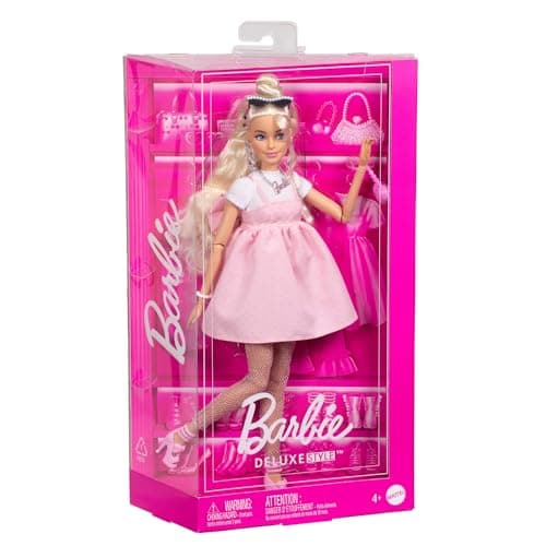 Barbie Deluxe Style-Puppe Nr. 3 mit Barbiecore-Outfit, blonden Haaren in hohem Dutt, pastellrosa Kleid mit überdimensionaler Schleife und Accessoires wie Netzstrumpfhosen – Bild 6