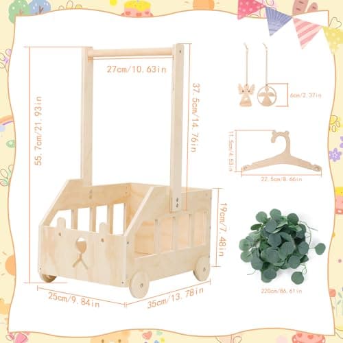 Babyparty Geschenk mit Griff Wickelkorb mit Holzrädern Kinder Holz Holzkiste Babygeschenk Geschenkkorb Baby Korb Geschenk mit Dekorblättern Holzkleiderbügel und Engel-Tag Baby Shower Geschenk – Bild 3
