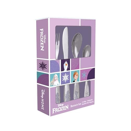 Frozen Die Eiskönigin Kinderbesteck Set 4-teilig - Edelstahl rostfrei mit Messer, Gabel, Suppenlöffel und Dessertlöffel - geprägtes Motiv mit Elsa, Anna und Olaf - spülmaschinengeeignet, kindgerecht – Bild 2