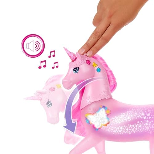 Barbie funkelnd leuchtendes Einhorn mit 20 interaktiven Kombinationen aus Lichteffekten, Geräuschen und Musik, zum Spielen Knöpfe drücken und Kopf streicheln – Bild 4
