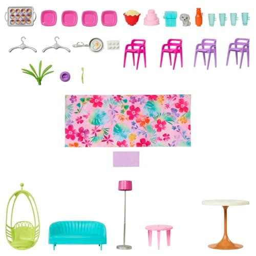 Barbie-Ferienhaus (116 x 77,9 cm), 6 Spielbereiche, komplett eingerichtet mit Zubehör, Möbeln und Aufzug, klapp- und verstaubar, ohne Puppe, Geschenk für Kinder ab 3 Jahren – Bild 6