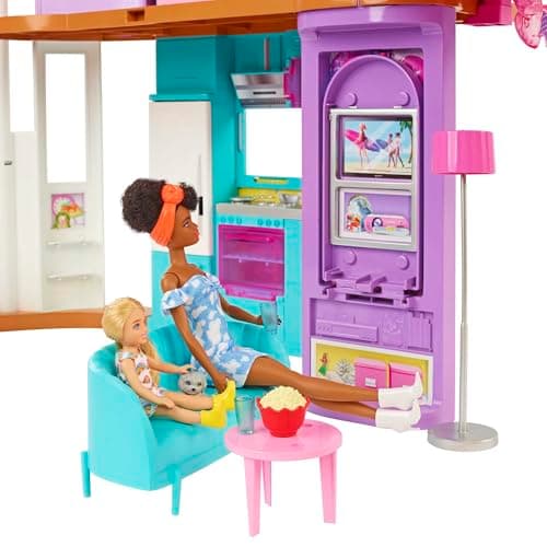 Barbie-Ferienhaus (116 x 77,9 cm), 6 Spielbereiche, komplett eingerichtet mit Zubehör, Möbeln und Aufzug, klapp- und verstaubar, ohne Puppe, Geschenk für Kinder ab 3 Jahren – Bild 4