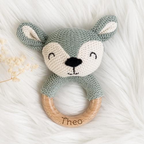 Geschenkfreude Personalisierter Beißring für Baby aus Holz - Greifling personalisiert mit Name - niedliche Babyrassel - schönes Geschenk zur Geburt Junge/Mädchen – Bild 2