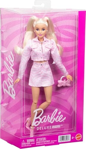 Barbie Deluxe Style-Puppe Nr. 9 in rosa Denim-Outfit, Blonde Haare, Jacke und Rock passend im Set, mit Zubehörteilen wie Einer Clutch mit Schleife und Perlenschmuck – Bild 6