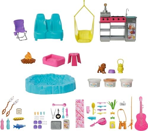 Barbie Super Abenteuer-Camper Spielset mit Dachzelt, Hängesessel, Fischteich, Grill mit Farbwechseleffekt und über 60 Zubehörteilen inklusive Knete – Bild 6