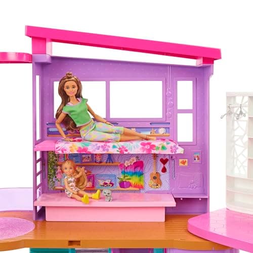 Barbie-Ferienhaus (116 x 77,9 cm), 6 Spielbereiche, komplett eingerichtet mit Zubehör, Möbeln und Aufzug, klapp- und verstaubar, ohne Puppe, Geschenk für Kinder ab 3 Jahren – Bild 2