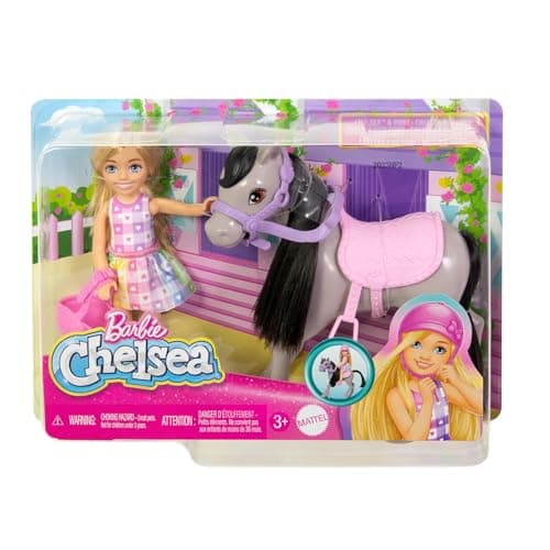 Barbie Chelsea und Pony Puppe und Pony - Aufsatteln zur Spielzeit für sicheres Sitzen auf dem Pferd, rosa Sattel und Steigbügeln, inklusive Helm und süßem Karo-Kleid, für Kinder ab 3 Jahren – Bild 6