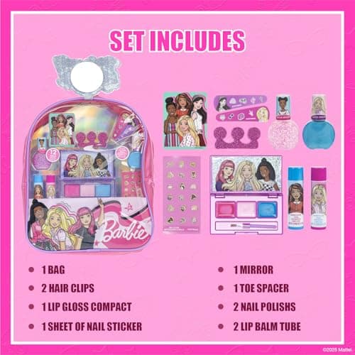 Barbie Make-up gefüllt Rucksack Set, einschließlich Lippenbalsam, Nagellack, Nagelfile, Haarbögen anderes Zubehör, Alter 3+ – Bild 3