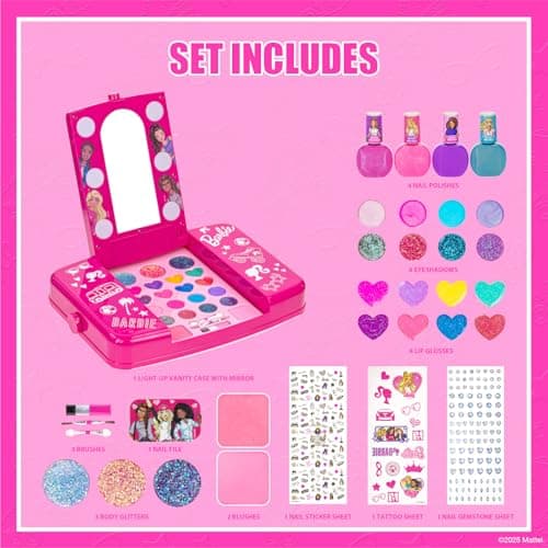 Townley Girl Barbie Beauty Vanity Set mit beleuchtetem Spiegel | Enthält Lipgloss, Lidschatten, Pinsel, Nagellack, Zubehör und mehr! Ab 6 Jahren – Bild 4