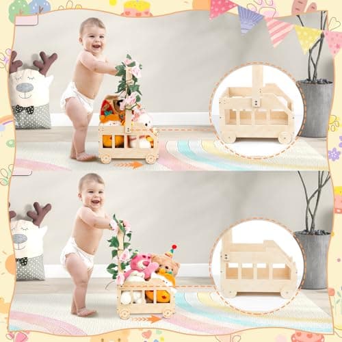 Babyparty Geschenk mit Griff Wickelkorb mit Holzrädern Kinder Holz Holzkiste Babygeschenk Geschenkkorb Baby Korb Geschenk mit Dekorblättern Holzkleiderbügel und Engel-Tag Baby Shower Geschenk – Bild 4