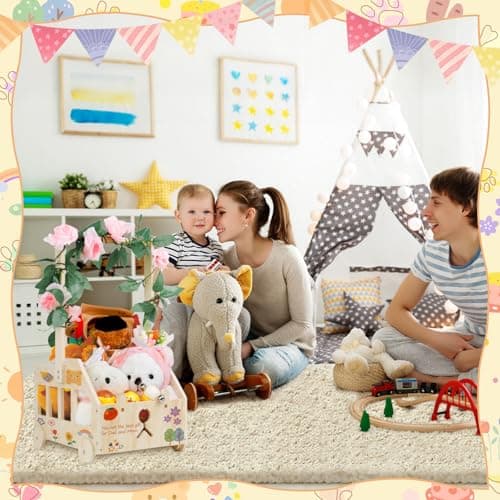 Babyparty Geschenk mit Griff Wickelkorb mit Holzrädern Kinder Holz Holzkiste Babygeschenk Geschenkkorb Baby Korb Geschenk mit Dekorblättern Holzkleiderbügel und Engel-Tag Baby Shower Geschenk – Bild 6