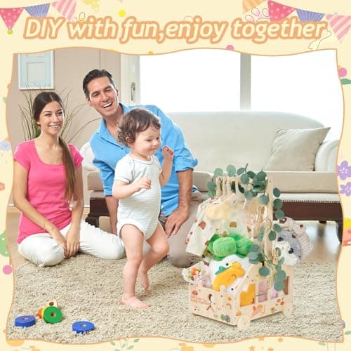Babyparty Geschenk mit Griff Wickelkorb mit Holzrädern Kinder Holz Holzkiste Babygeschenk Geschenkkorb Baby Korb Geschenk mit Dekorblättern Holzkleiderbügel und Engel-Tag Baby Shower Geschenk – Bild 2