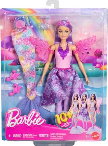 Barbie 3-in-1 Fantasie Puppe, Spielset mit 8 Accessoires inklusive Meerjungfrauen-Schwanzflosse, Feenflügen, königlichen Ketten, Schuhen un vielem mehr für über 10 Verschiedene Looks – Bild 4