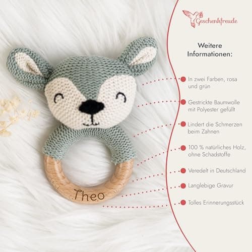Geschenkfreude Personalisierter Beißring für Baby aus Holz - Greifling personalisiert mit Name - niedliche Babyrassel - schönes Geschenk zur Geburt Junge/Mädchen – Bild 4