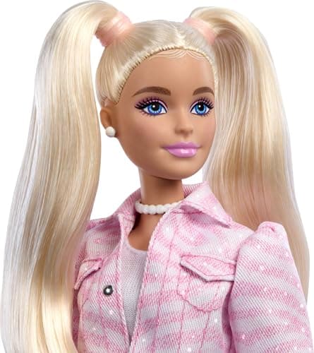 Barbie Deluxe Style-Puppe Nr. 9 in rosa Denim-Outfit, Blonde Haare, Jacke und Rock passend im Set, mit Zubehörteilen wie Einer Clutch mit Schleife und Perlenschmuck – Bild 3