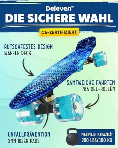 Deleven Skateboard mit LED Rollen, Skate Tool und ABEC 7 Lager – Bild 3