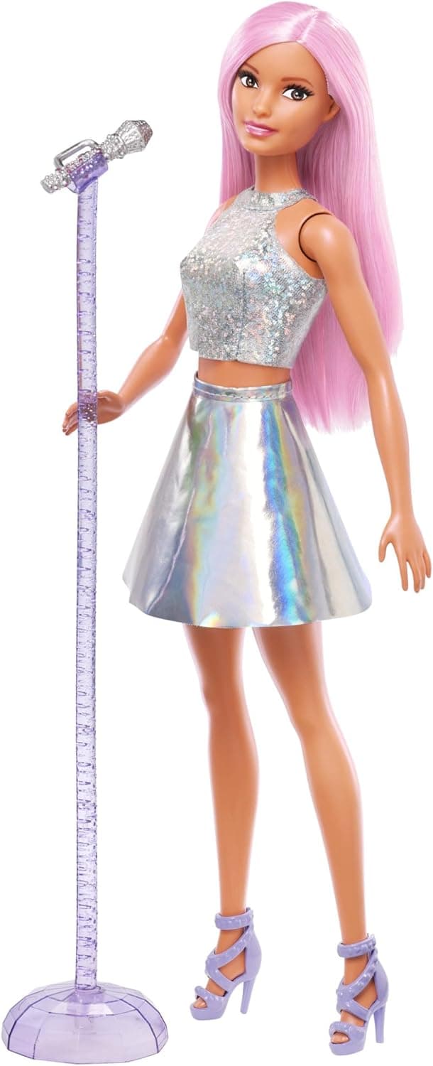 Barbie Pop-Star-Puppe gekleidet in einem schillernden Rock mit Mikrofon und rosafarbenem Haar, Geschenk für Kinder von 3 bis 7 Jahren – Bild 1