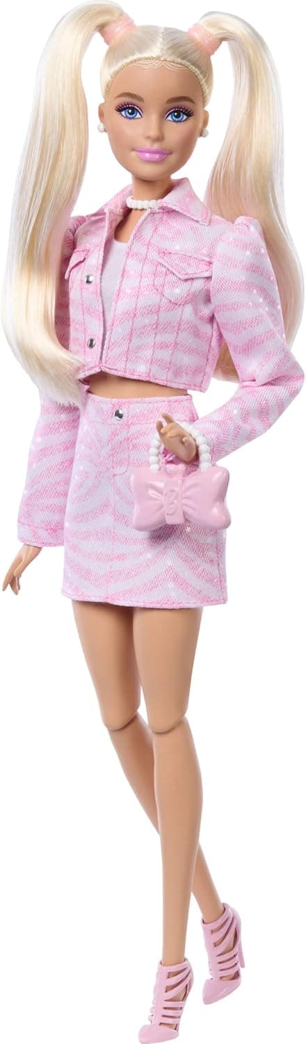 Barbie Deluxe Style-Puppe Nr. 9 in rosa Denim-Outfit, Blonde Haare, Jacke und Rock passend im Set, mit Zubehörteilen wie Einer Clutch mit Schleife und Perlenschmuck – Bild 1