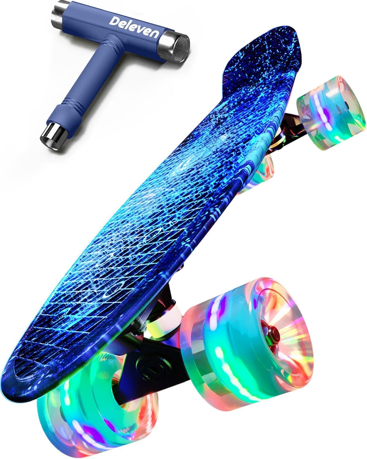 Deleven Skateboard mit LED Rollen, Skate Tool und ABEC 7 Lager – Bild 1
